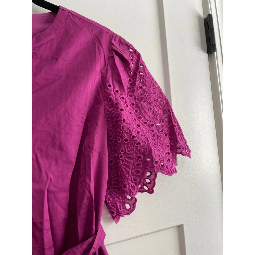Soft Surroundings Magenta Cotton Eyelet Midi Dress Purple Tie Waist PM 3GD86 - Picture 9 of 10
